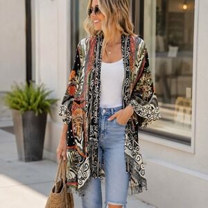 Woman's Open Cardigan Kimono Bold Black White Floral Stunning Statement Piece